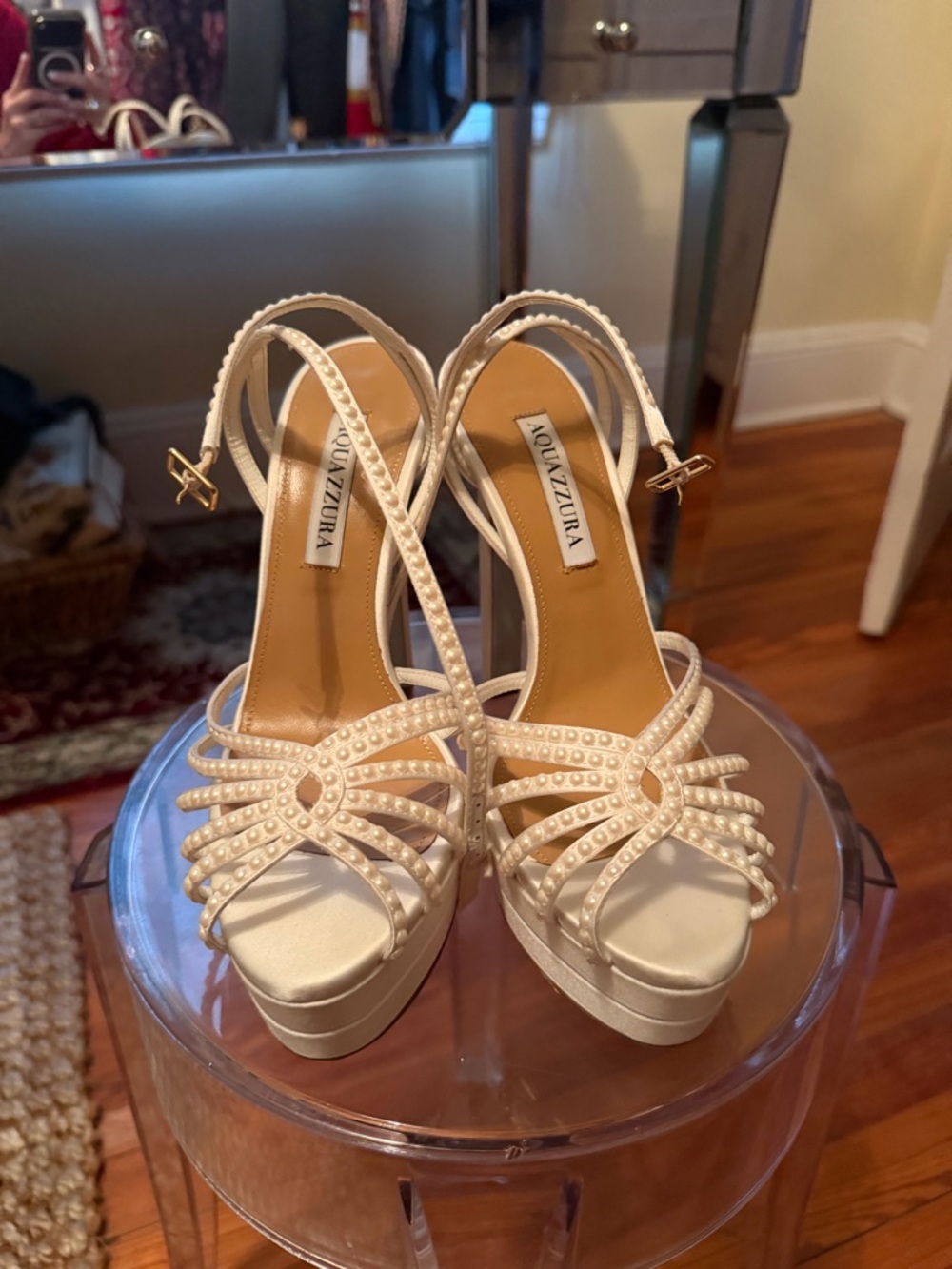 Aquazzura Cream Pearl-Strap Platform Sandals